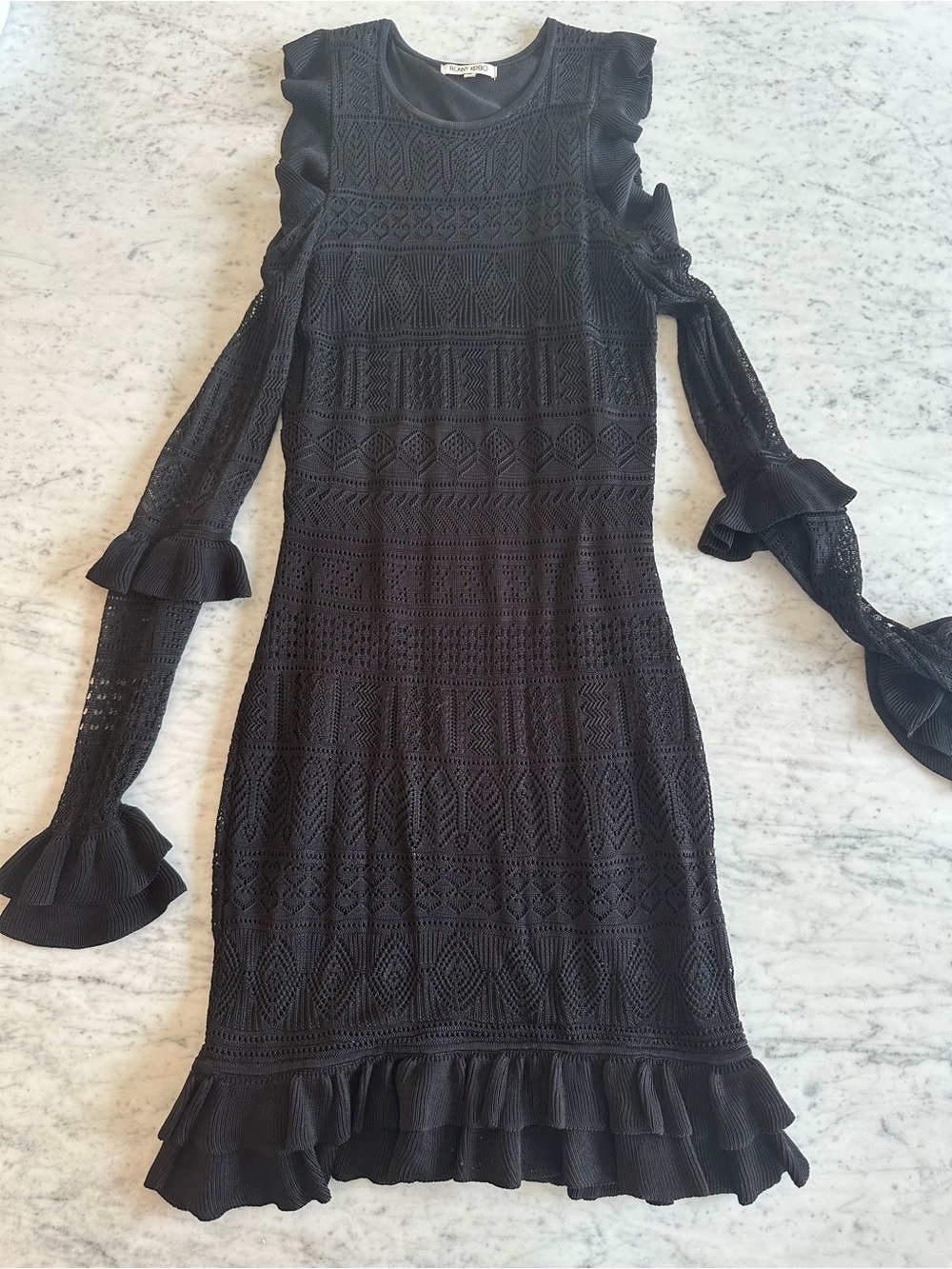 Ronny Kobo Black Ruffled Knit Long-Sleeve Dress